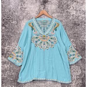 Soft Surroundings Tunic Top 2X Womens Baby Blue Embroidered Blouse